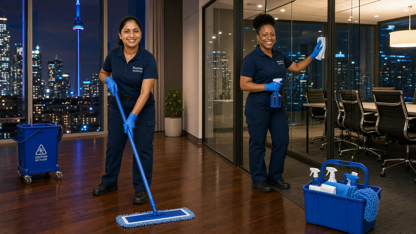 Bluestone Janitorial commercial cleaning crew servicing a Danforth Avenue Greektown business in Toronto Ontario Canada