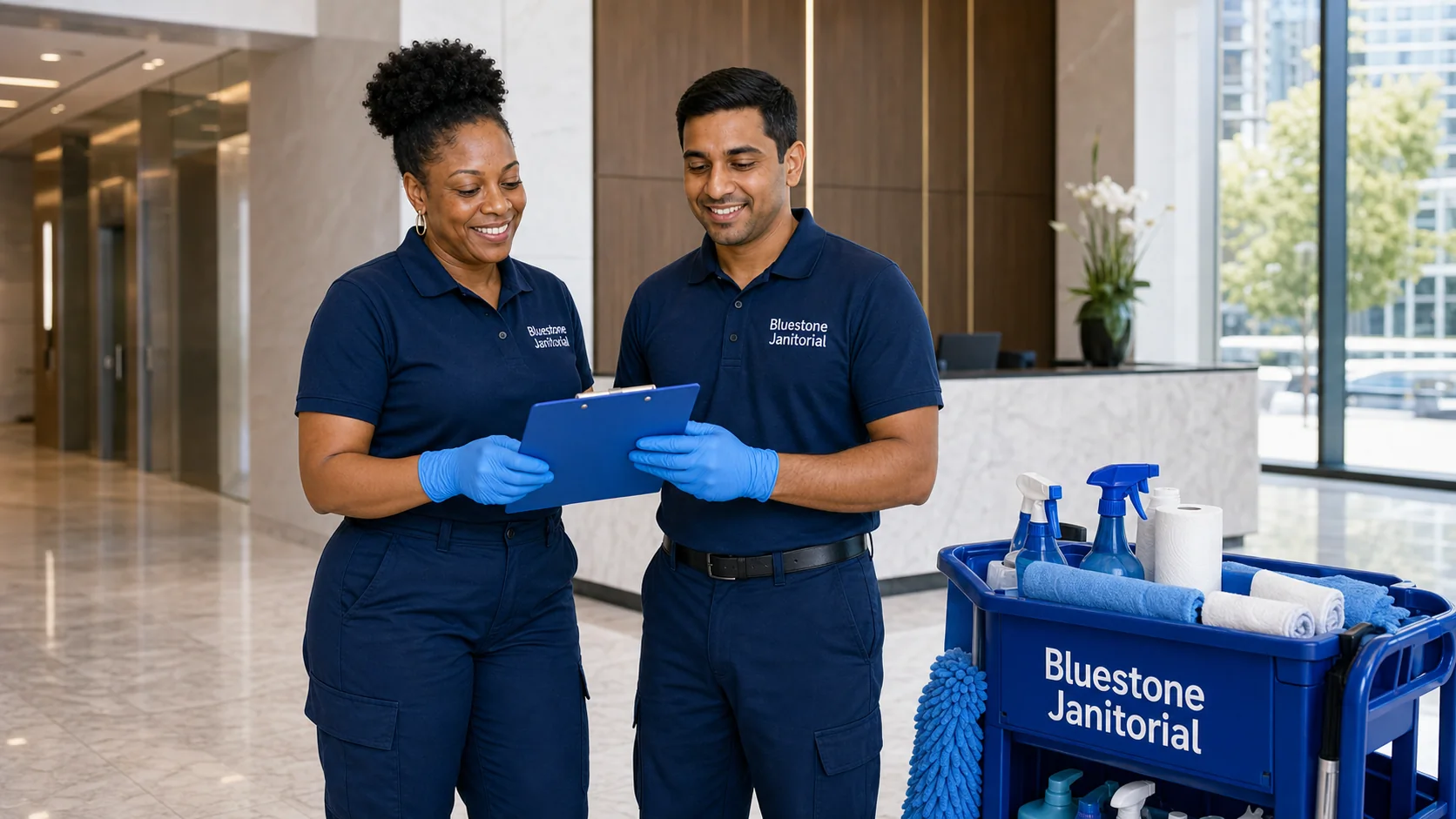 Bluestone Janitorial supervisor briefing team on industry cleaning protocols