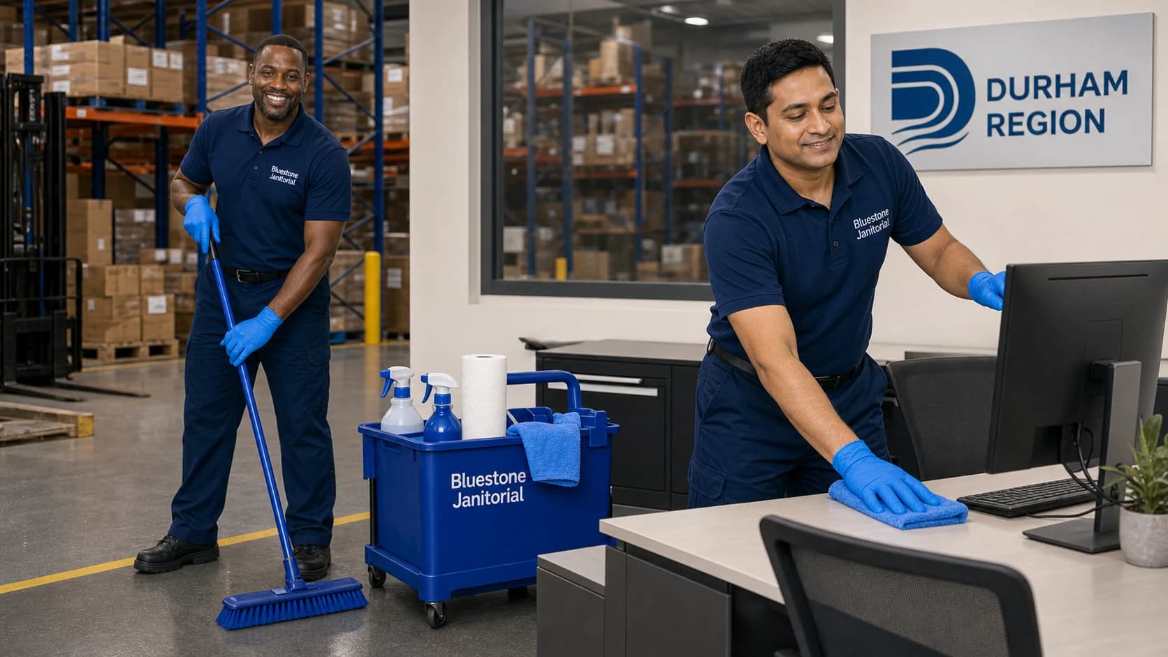 Bluestone Janitorial professional office cleaning team serving Bowmanville and Durham Region commercial workplaces in Ontario Canada